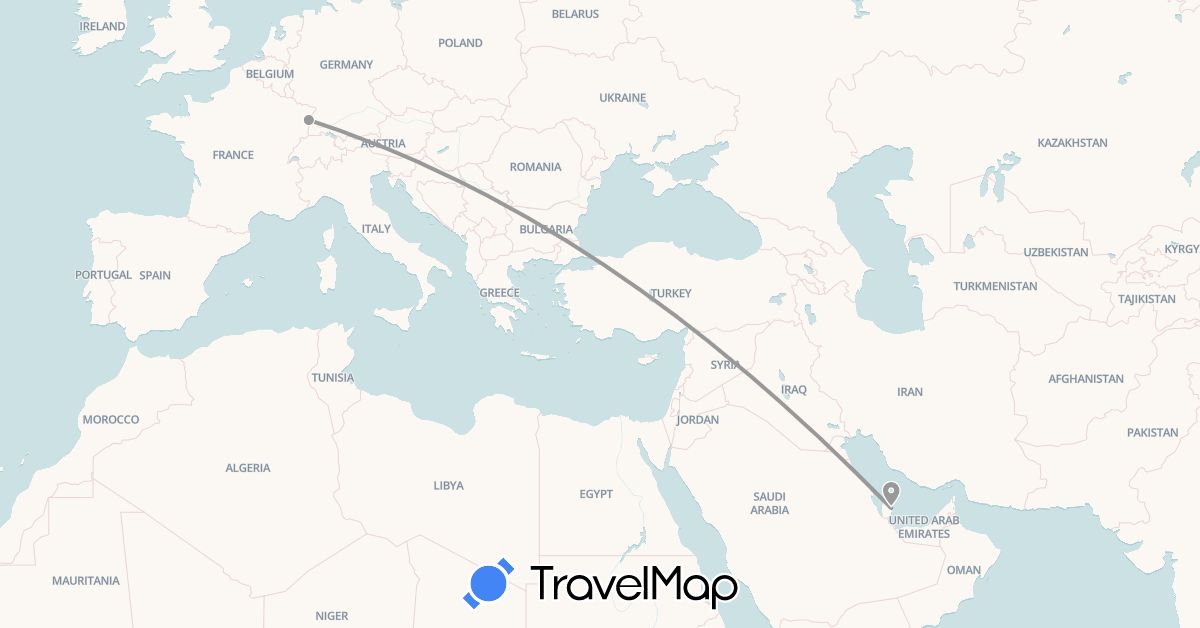 TravelMap itinerary: driving, plane in France, Qatar (Asia, Europe)